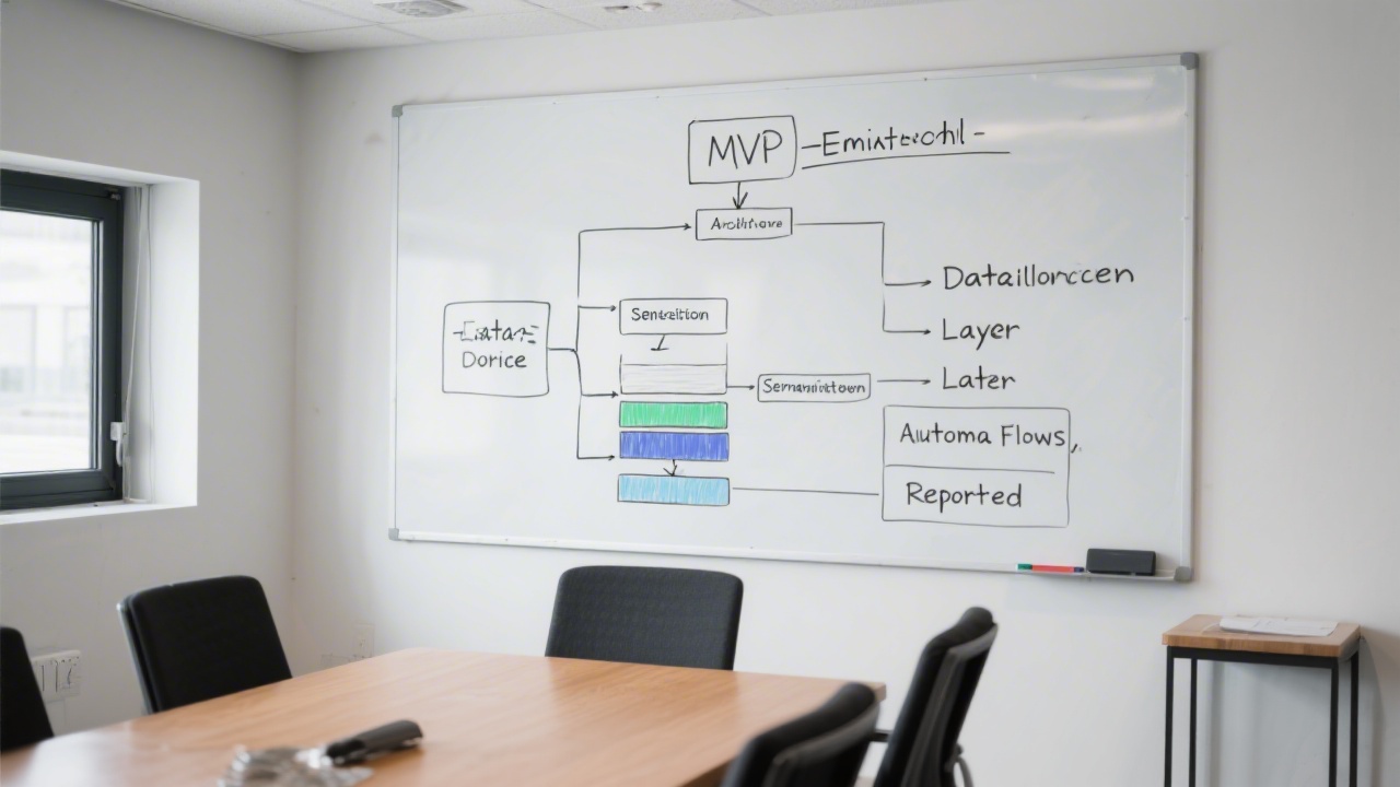 Simplified diagram of MVP email architecture with data source, segmentation layer, automated flows, and reporting, displayed on a whiteboard in a meeting room