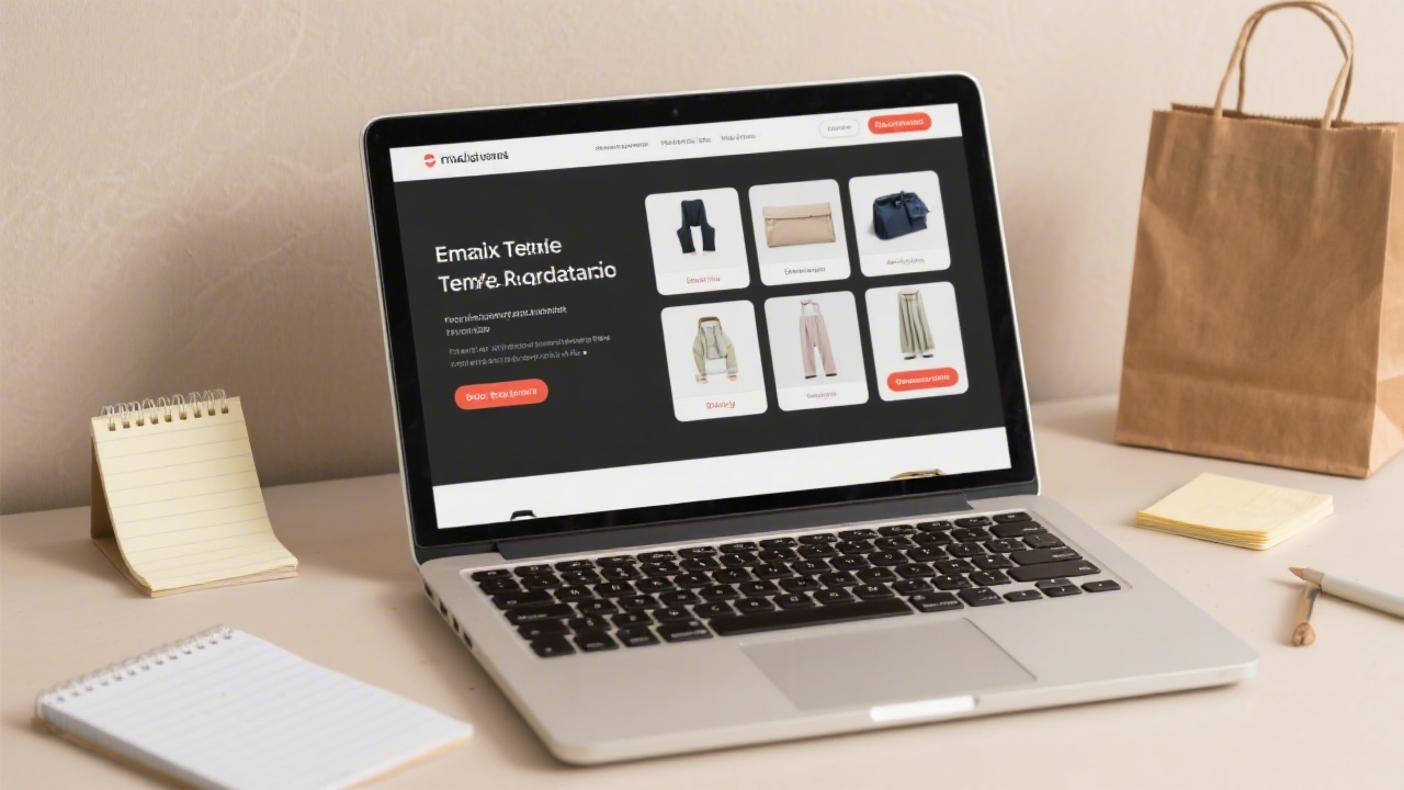 Email template preview with product cards, clean product images and buy buttons, shown on a laptop near shopping notes and a neutral background