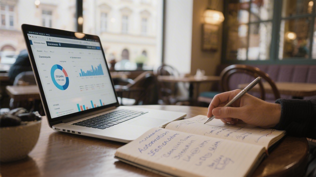 Person analyzing email campaign metrics on a laptop in a Prague cafe, notebook with notes about automation and segmentation on the table, calm professional atmosphere