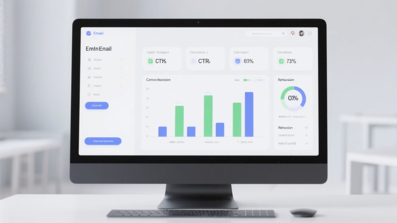 Screenshot-like visualization of email performance dashboard with bars for open rate, CTR, conversion, and retention, on a large desktop monitor in a clean studio