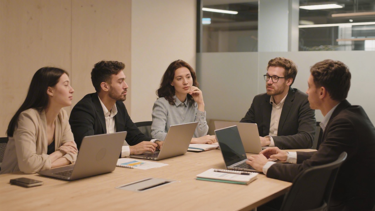 Small business team discussing marketing plan around a table with laptops and notebooks, modern office, warm neutral color palette and professional mood