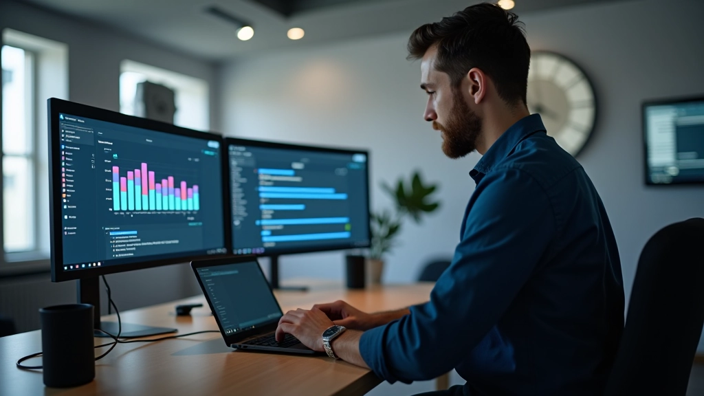 Vývojář na monitoru s animovaným progress indikátorem a JavaScriptem